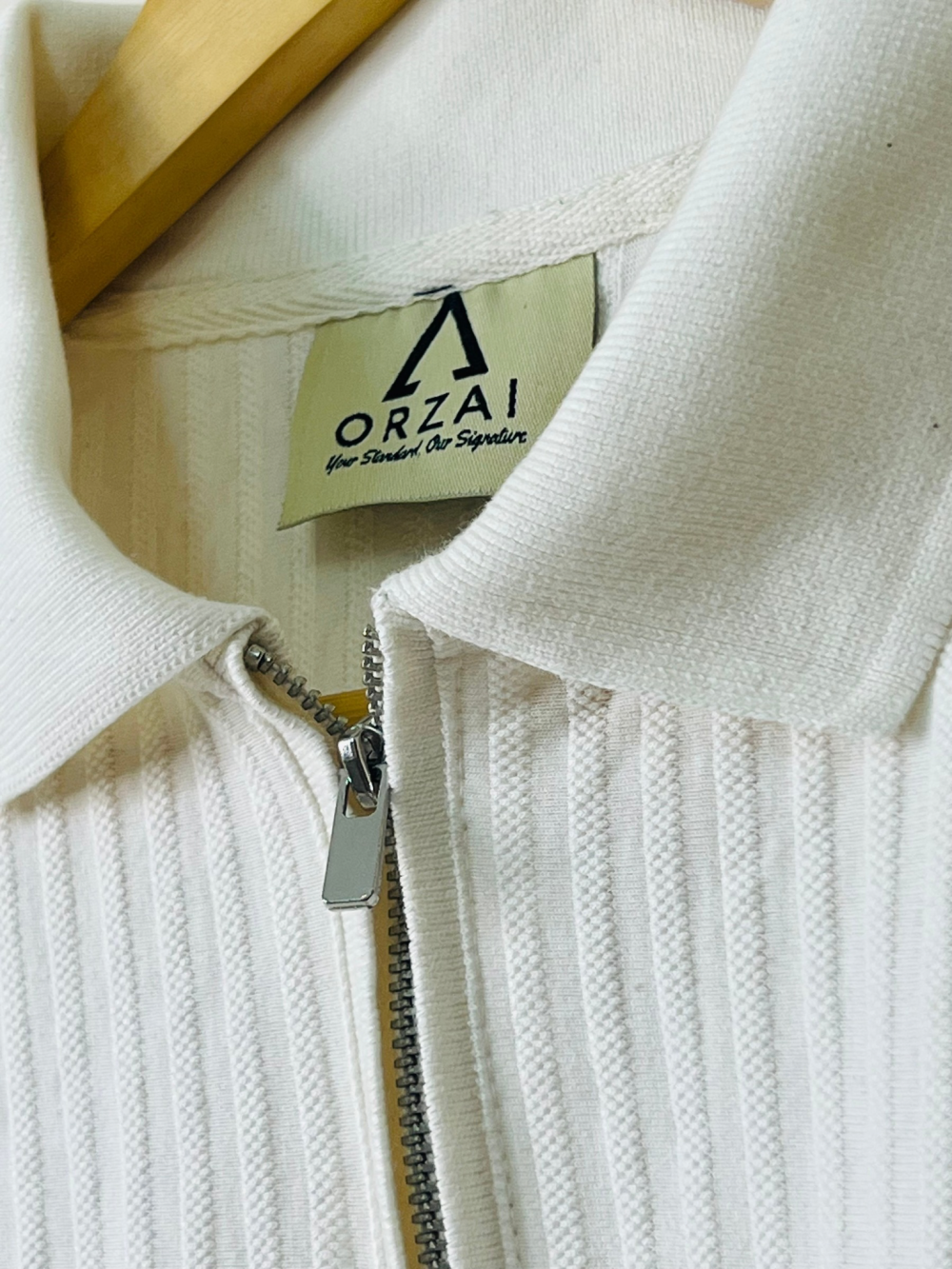 Off White Zipper Old Money Premium Men’s Polo T-Shirt - Image 2