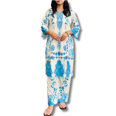 2 Piece White Sky Blue Women’s Silk Premium Set