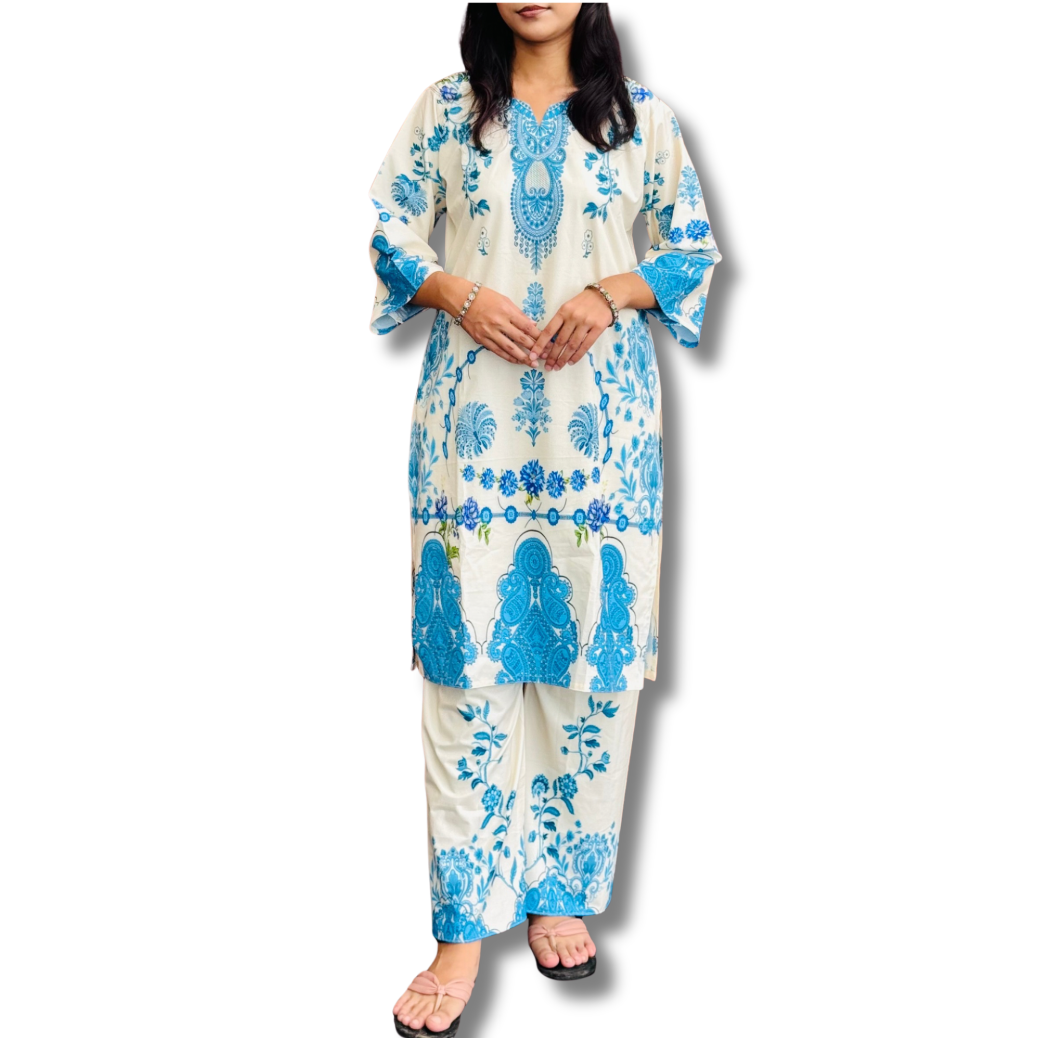 2 Piece White Sky Blue Women’s Silk Premium Set