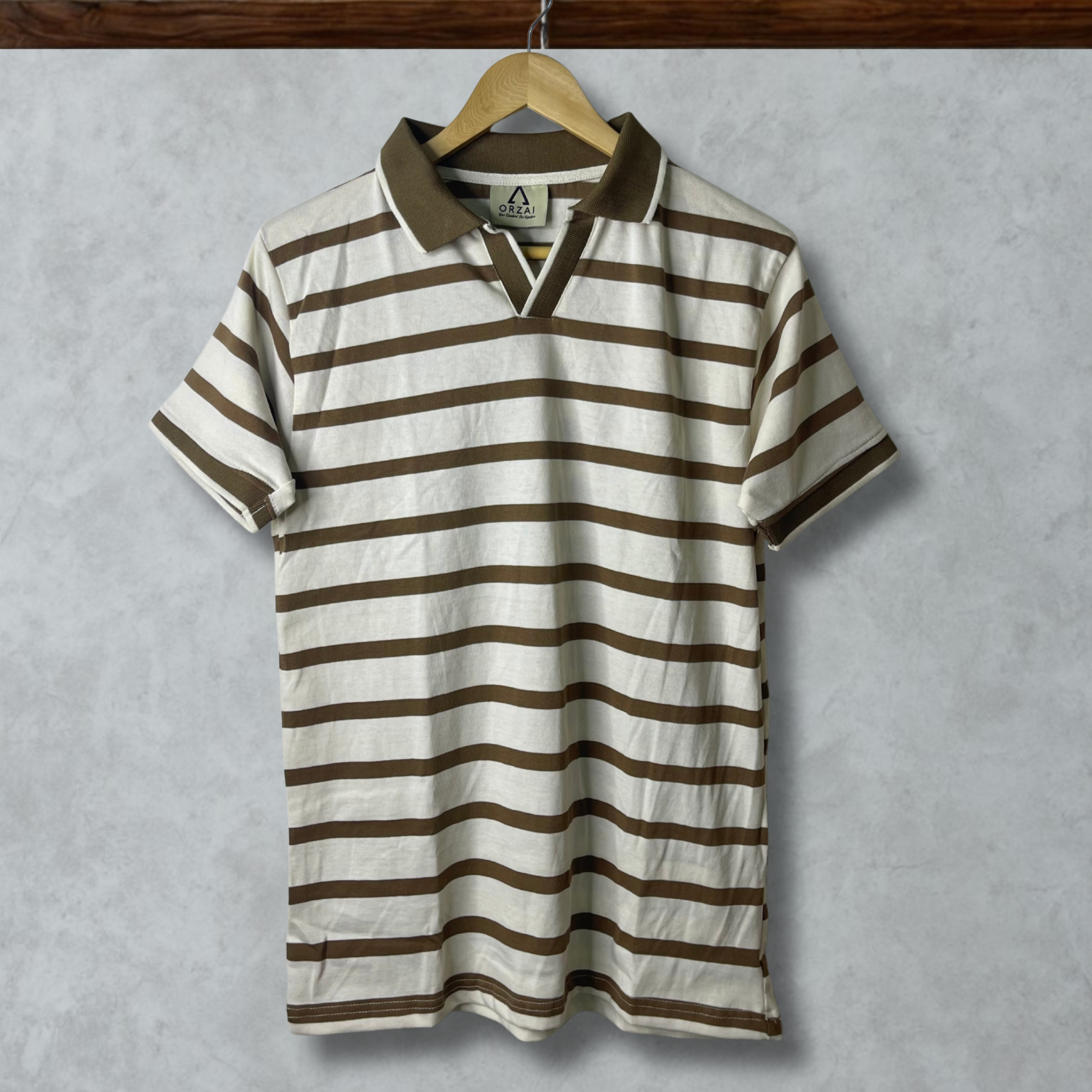 Cream (Off-White) with Brown Stripe- Old Money Premium Polo T-Shirt