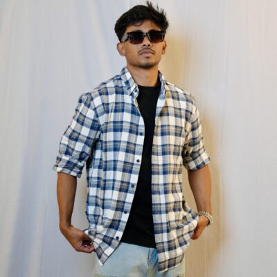 Men’s Blue & White Checked Flannel Shirt