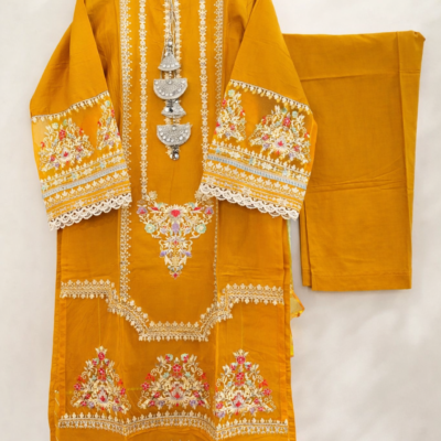 Bin Ishaq Original 3-Piece Luxury Cotton Suit with Silk Organza Dupatta – Mustard Ochre