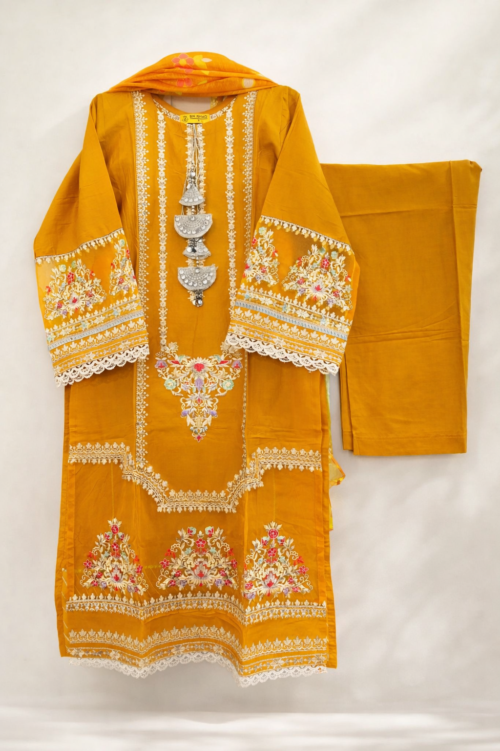 Bin Ishaq Original 3-Piece Luxury Cotton Suit with Silk Organza Dupatta – Mustard Ochre