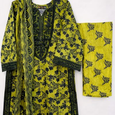 Lime Green Premium Embroidered Cotton 3-Piece