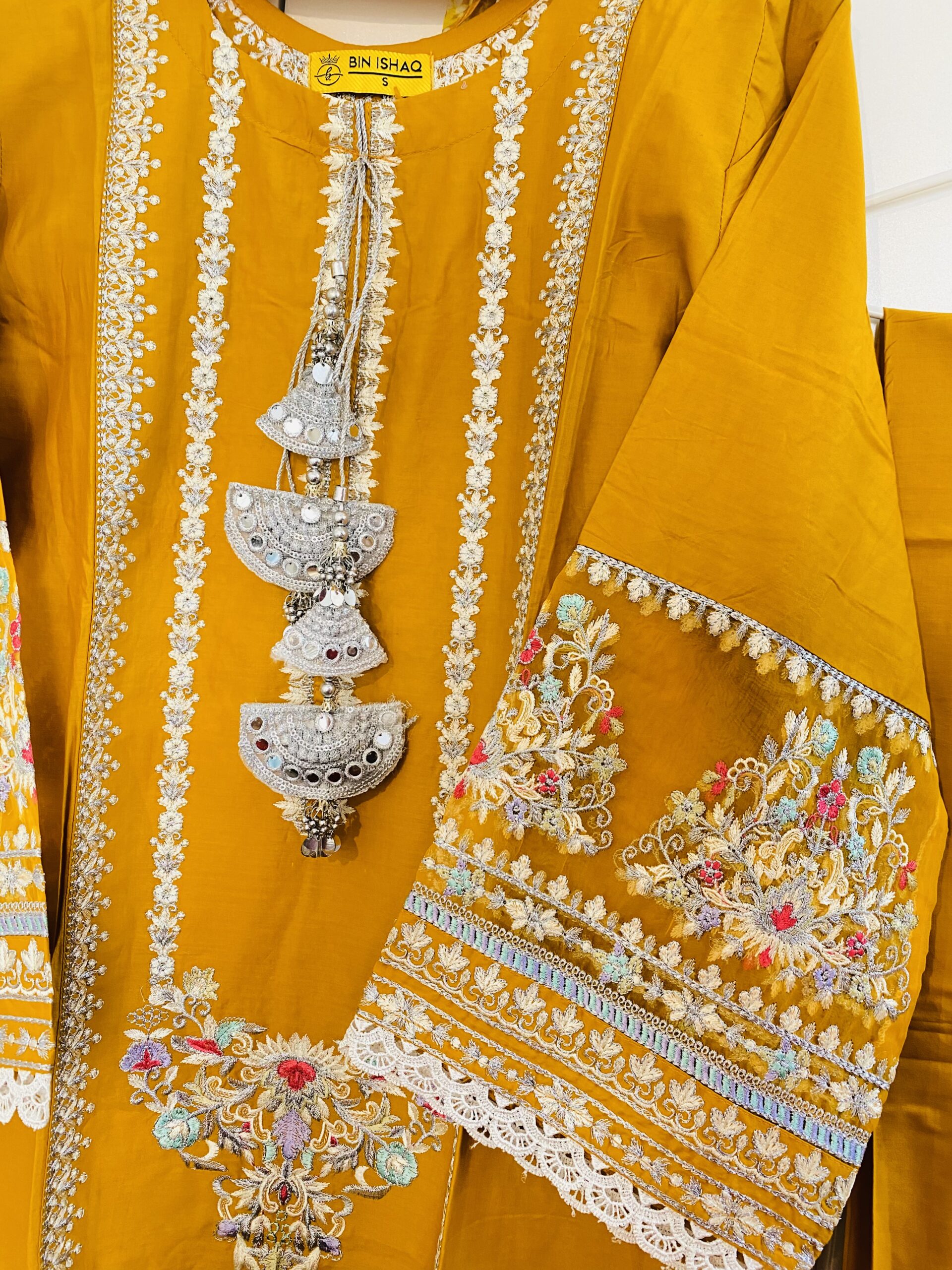 Bin Ishaq Original 3-Piece Luxury Cotton Suit with Silk Organza Dupatta – Mustard Ochre - Image 5