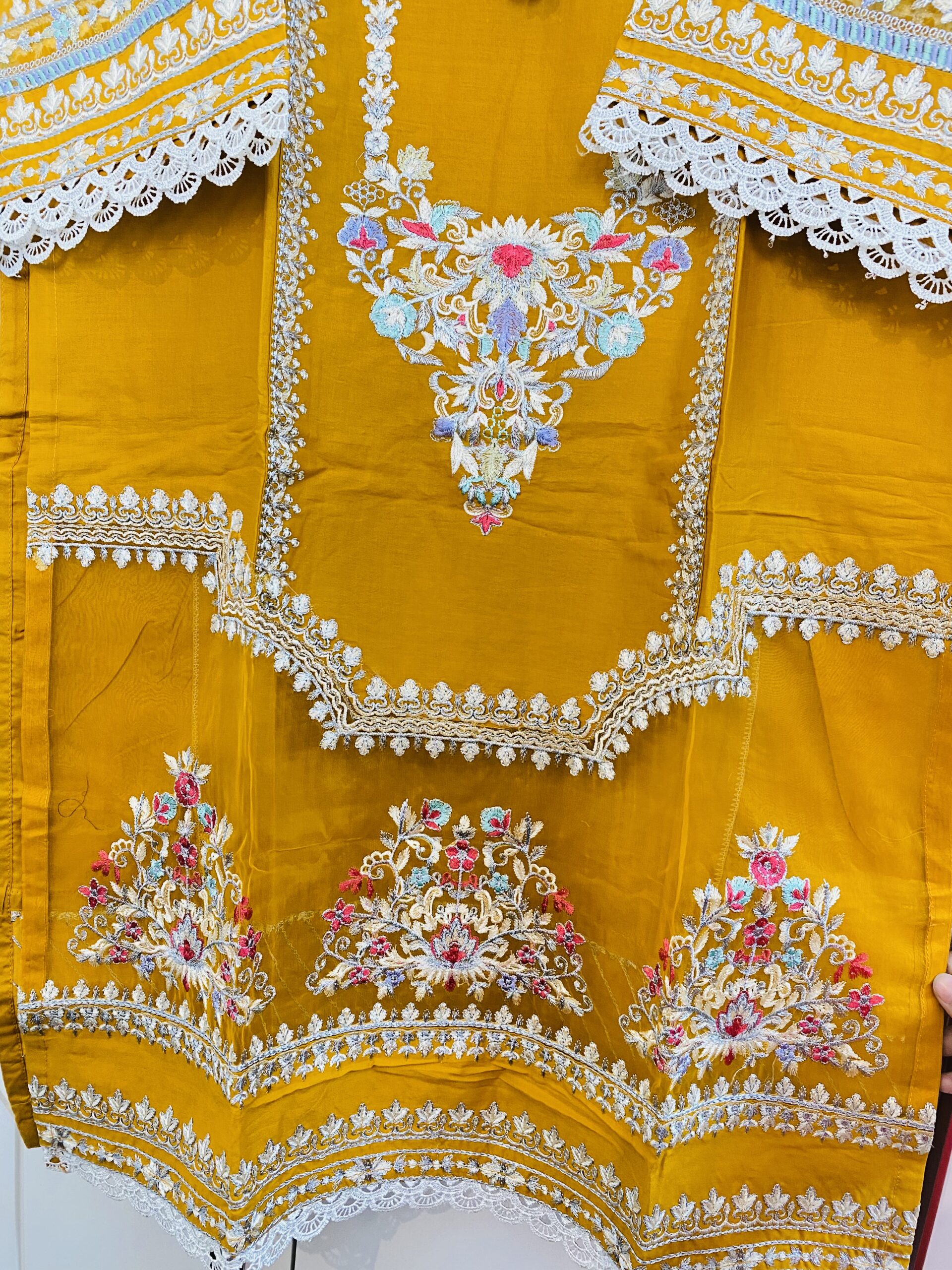 Bin Ishaq Original 3-Piece Luxury Cotton Suit with Silk Organza Dupatta – Mustard Ochre - Image 6