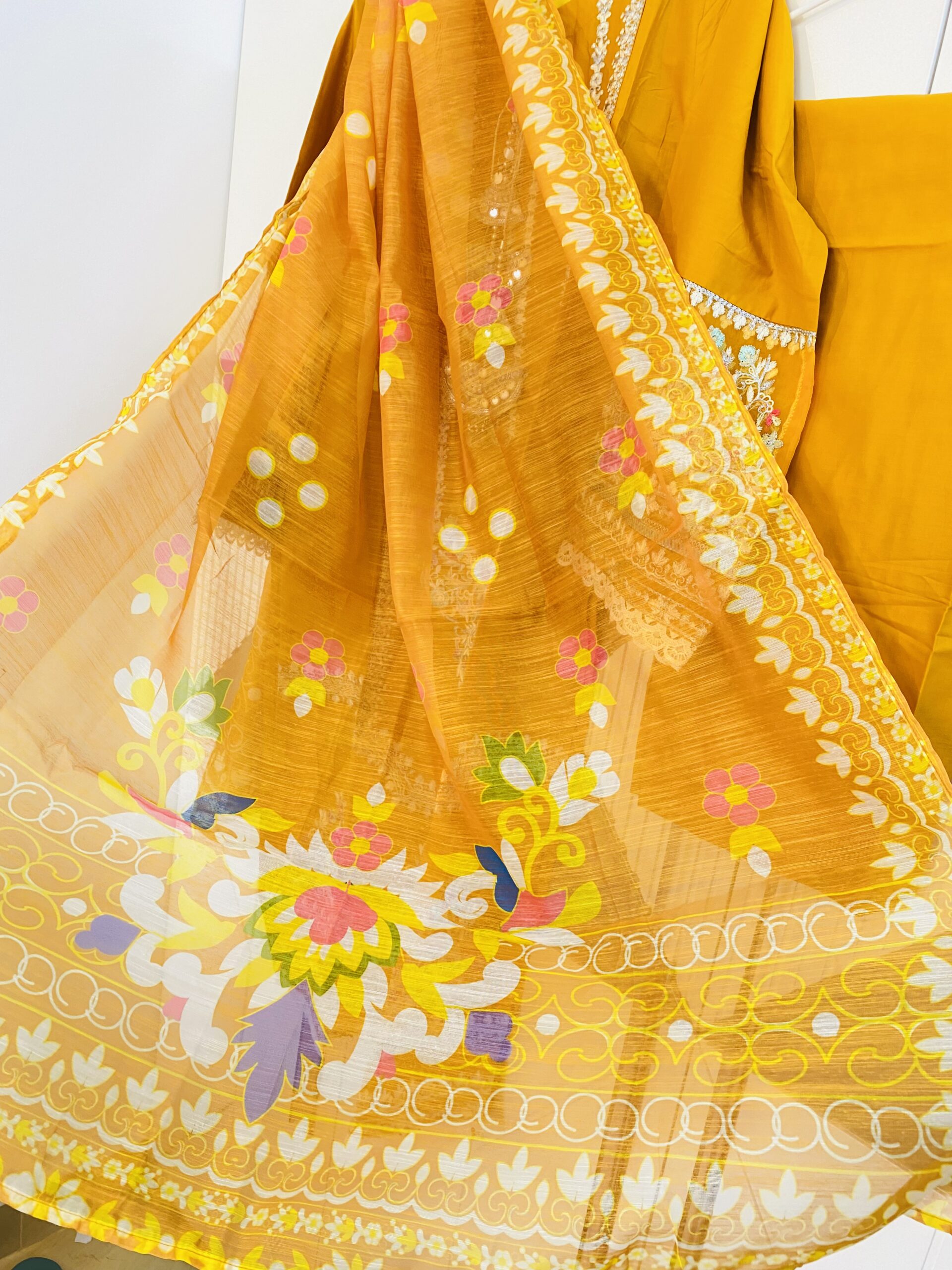 Bin Ishaq Original 3-Piece Luxury Cotton Suit with Silk Organza Dupatta – Mustard Ochre - Image 3